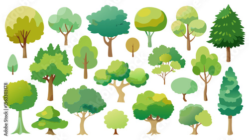 Vector art of a diverse set of green trees isolated on transparent background, perfect for various design applications
