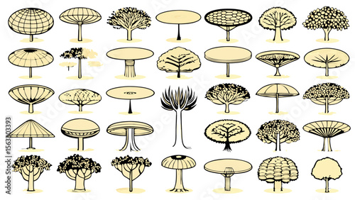Vector art of a diverse collection of stylized tree crown shapes, isolated on transparent background, showcasing various botanical illustrations in a vector format