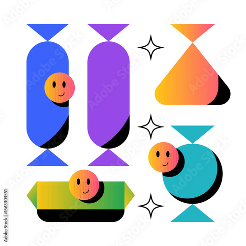 Various candies, sweets set. Different wrappers, colors, shapes. Fruits, chocolate, caramel, lollipops, chewy candies. Sugar confectionery concept. Flat vector illustration on white background.