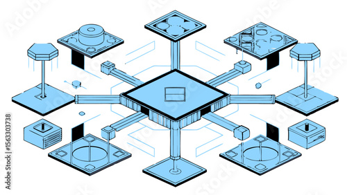 Vector art of an abstract isometric illustration of a complex network system with interconnected nodes, isolated on transparent background