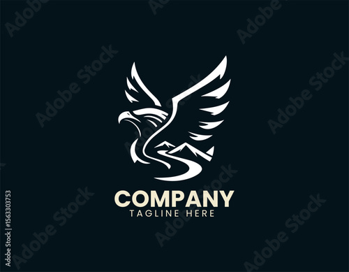 Soaring eagle above majestic mountains vector logo design with outdoor wildlife theme