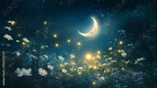 Dreamy night sky with moon and glowing flowers in a mystical garden  