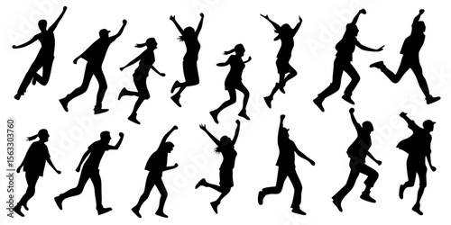 Vector art of silhouettes of multiple people jumping and running, isolated on transparent background