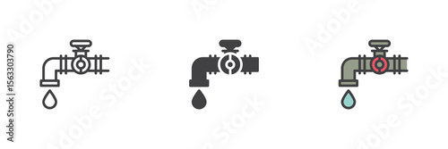 Pipeline valve icon set in line, solid and filled outline style