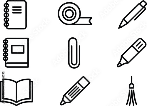 Office supplies such as notebooks, pens, clips, and tape, representing productivity and organization