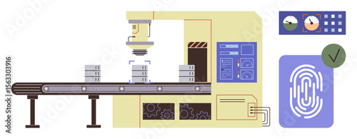 Industrial conveyor belt with robotic assembly machine, control panel, and fingerprint authentication. Ideal for automation, security, manufacturing, technology, robotics, quality control innovative