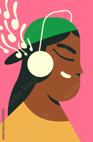 Black Asian Girl listening to music on headphones enjoying his favorite song. Young female character with headphones humming his favorite soundtrack. Flat vector illustration.