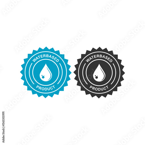 "Waterbased Product" seal with a water droplet, perfect for eco-friendly, non-toxic, or soluble product labeling. Available in blue and black.