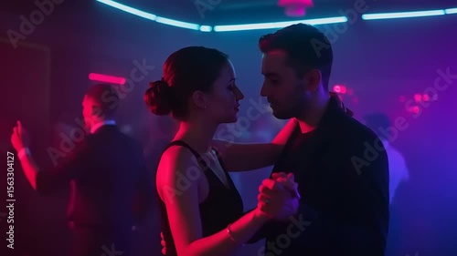 Couple dancing with neon club, and romance.