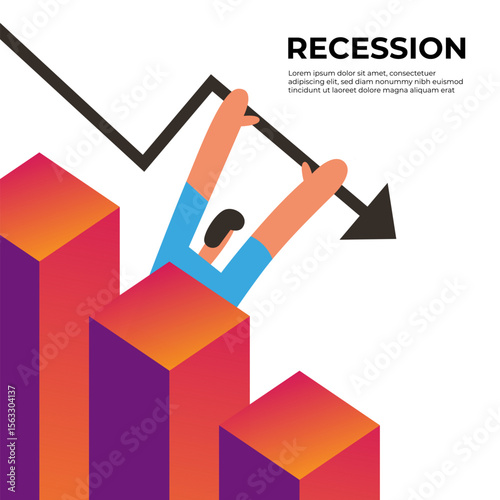 Recession economic downturn falling coin chart declining histogram arrow 3d geometric shapes with businessman. Modern finance banner. Flat vector illustration.