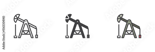 Nodding donkey pump icon set in line, solid and filled outline style