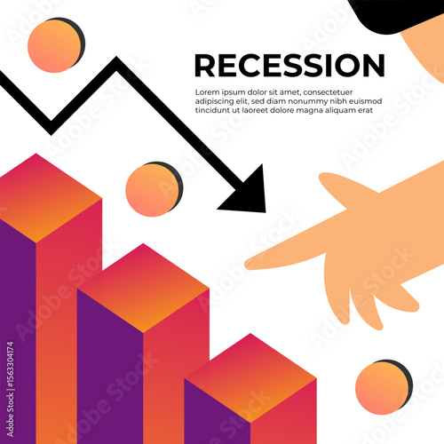 Recession economic downturn falling coin chart declining histogram arrow 3d geometric shapes. Modern finance banner with boy. Flat vector illustration.