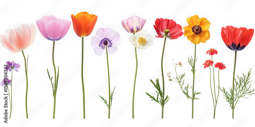 Obraz premium Collection of colorful blooming flowers isolated on transparent background