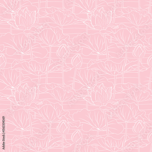 Hand drawn outline lotus with leaves seamless pattern on pink background