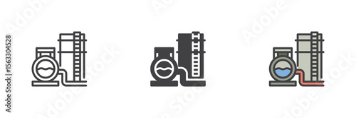 Oil refinery machine icon set in line, solid and filled outline style
