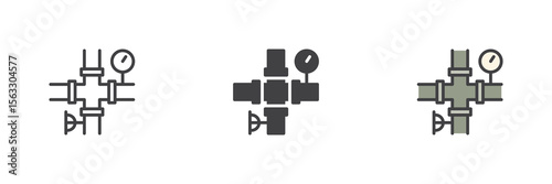 Oil valve system icon set in line, solid and filled outline style