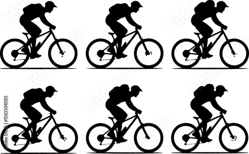 Female Hikers and  biker man Silhouettes with Trekking Poles vector bundle