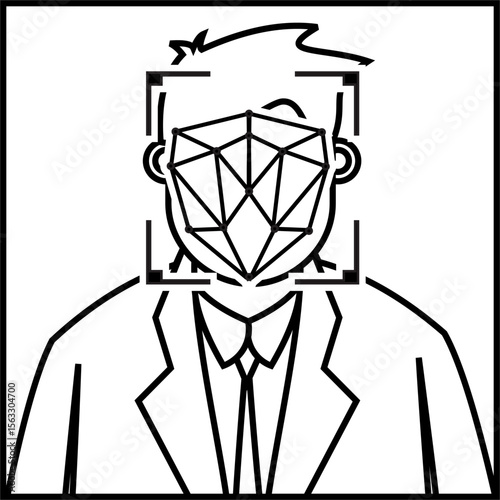 Vector illustration of a well-dressed man
undergoing facial biometric scanning
using AI security systems,
flat art design style.