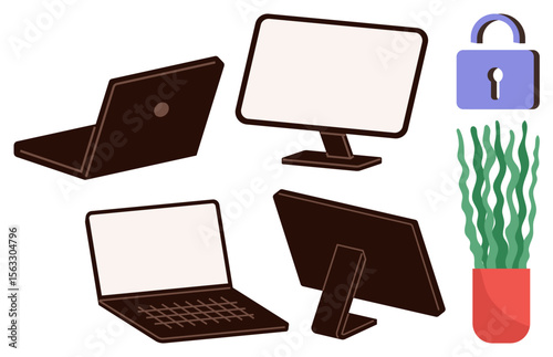Laptop, desktop monitor, security lock graphic, and potted plant. Ideal for remote work, technology, cybersecurity, productivity, online learning office setup simple flat metaphor
