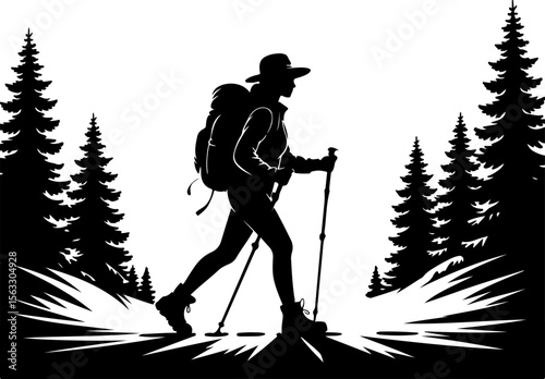 Female Hikers and  biker man Silhouettes with Trekking Poles vector bundle