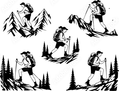 Female Hikers and  biker man Silhouettes with Trekking Poles vector bundle