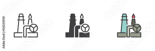 Petroleum refinery icon set in line, solid and filled outline style