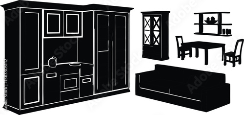 Vector art of a black silhouette set of various living room, kitchen and dining room furniture isolated on transparent background