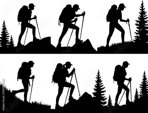 Female Hikers and  biker man Silhouettes with Trekking Poles vector bundle