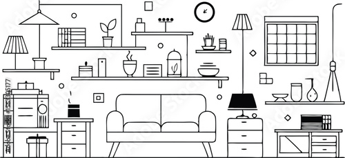 Vector art of a modern and simple line art illustration of a living room interior with furniture and decor isolated on transparent background