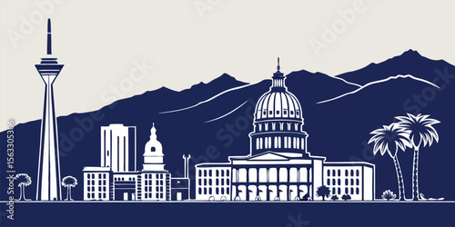 Rialto skyline silhouette with civic buildings, industrial parks, and desert mountain backdrop. Designed for Inland Empire growth and logistics-themed artwork.