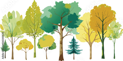Vector art of a diverse set of trees isolated on transparent background, ranging in color from lush greens to autumnal yellows, perfect for design and illustration