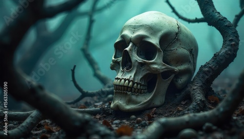 A chillingly realistic depiction of a decaying skull amidst gnarled branches, shrouded in an eerie mist Perfect for Halloween, horror, gothic, and dark fantasy projects , spooky, haunted