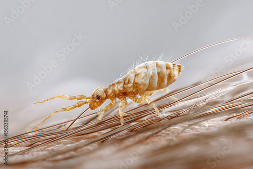 close-up of a louse crawling on strands of human hair