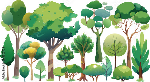 Vector art of an extensive collection of trees and shrubs isolated on transparent background, offering a variety of shapes, sizes, and colors for design and illustration purposes