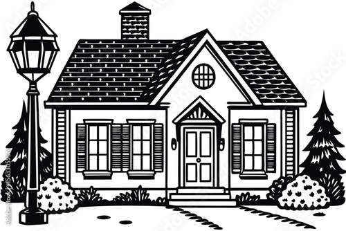 Charming Cottage House A Black and White Illustration of Suburban Home