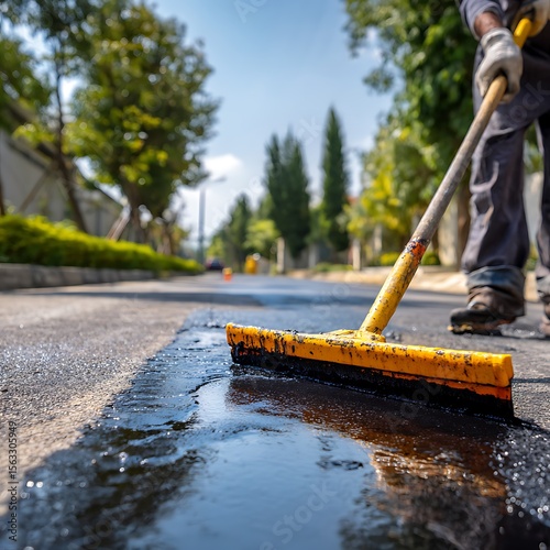 Vibrant photo of person sealing driveway with squeegee applicator tool in sunny day. Driveway asphalt sealcoating protects pavement, prevents fractures. Maintenance worker.