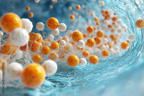 3D Animation of Cell Wall Structure with Phospholipid Spheres and Chelated Compounds, Bilayer with Light Blue Layer, White Space Between Dots, Biomimetic Design, Molecular Visualization
