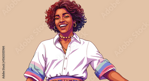 Joyful non-binary person smiling in stylish outfit against beige background  
