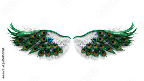 Peacock wings. Realistic detailed 3D detailed wings of beautiful green color with colorful mesh. Illustration for your design, white object isolated with wall. Decorative concept.