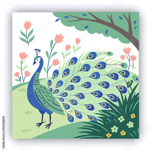 A vibrant and colorful peacock with its feathers fully displayed, showcasing the intricate patterns and shades of blue, green, and turquoise	