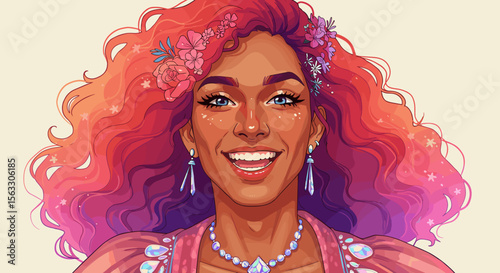 Joyful non-binary person smiling with colorful hair and floral accessories  