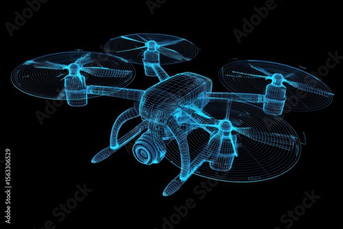 Wireframe Hologram of an Industrial Drone with Rotors and Cameras, Blue Illumination on Black Background