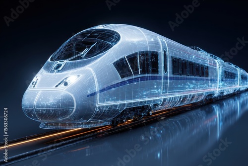 High-Speed Train Wireframe Hologram in Ultra-Modern Design, Blue Background, China's Bullet Train Style, White Color Tone, Front View, 3D Rendering with Focus Stacking, Light Orange Speed Lines