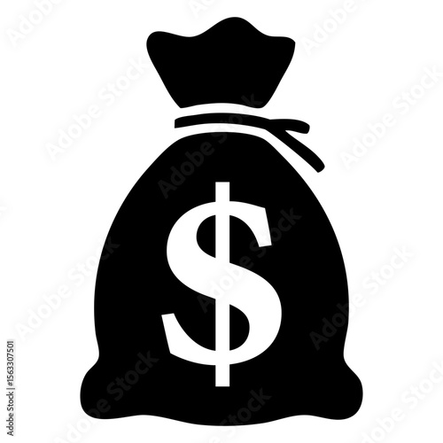 Icono silueta de saco con cuerda con el signo del dólar impreso en él.