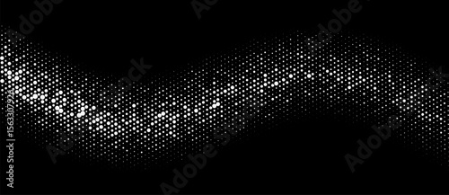 Abstract halftone dotted wave background. White dots on a black background.