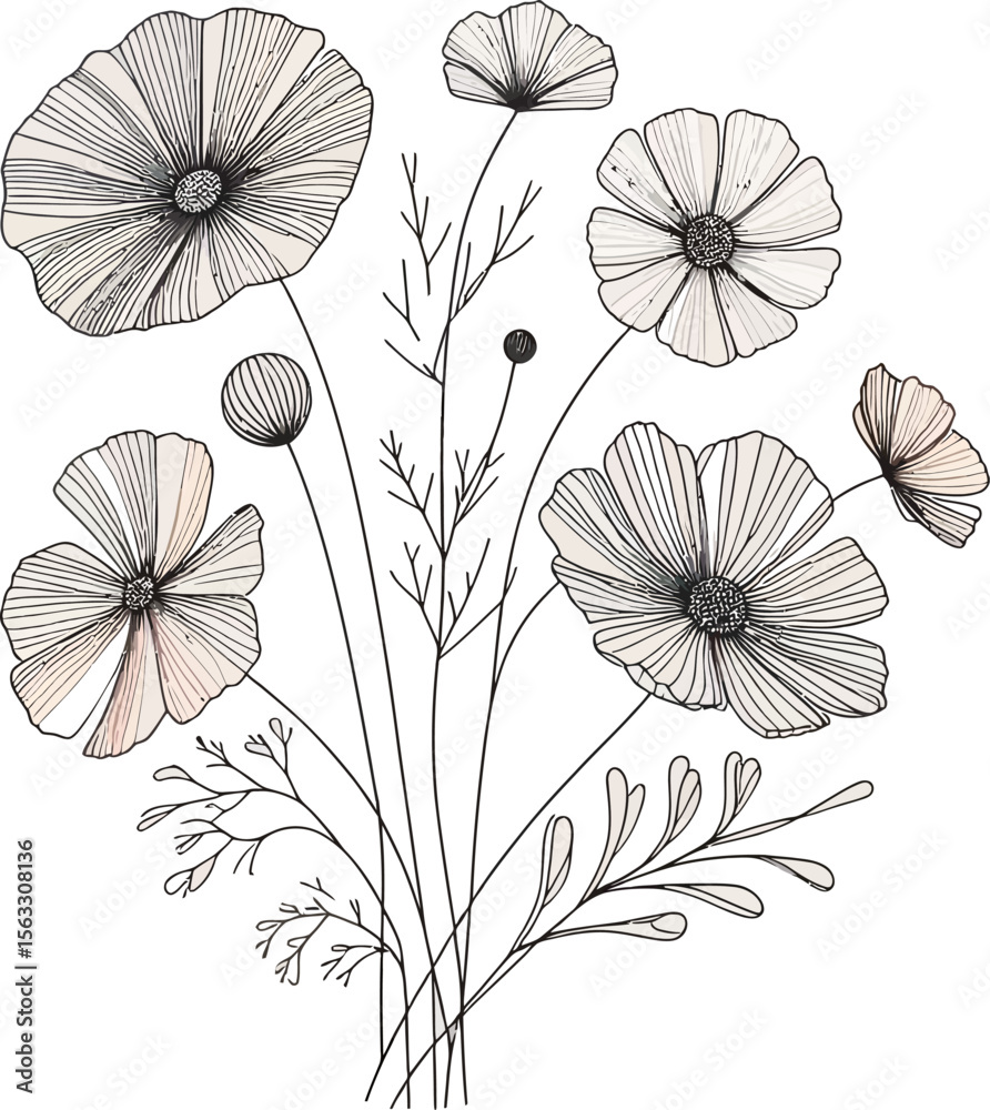 Naklejka premium Vector art of a minimalist floral drawing isolated on white background