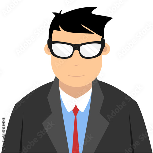 Vector illustration of a man dressed
as a secret agent, wearing a black
suit and sunglasses, with a mysterious
appearance, flat art design style.
