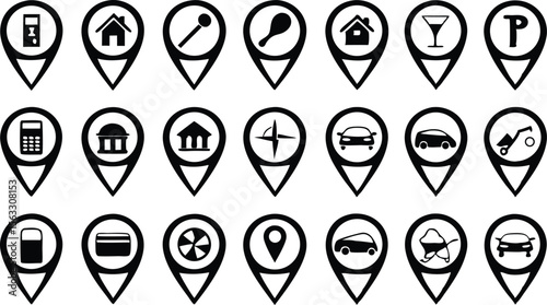 Vector art of a diverse collection of twentyfour location marker icons, isolated on transparent background, representing various places and services