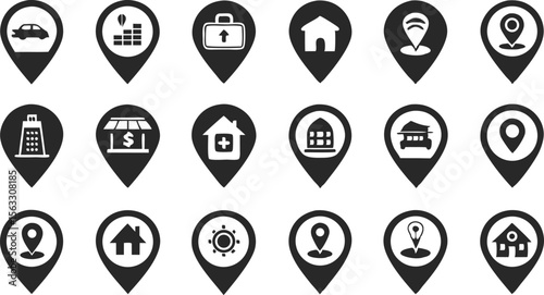 Vector art of a set of twentyfour location marker icons, isolated on transparent background, ideal for mapping and navigation applications