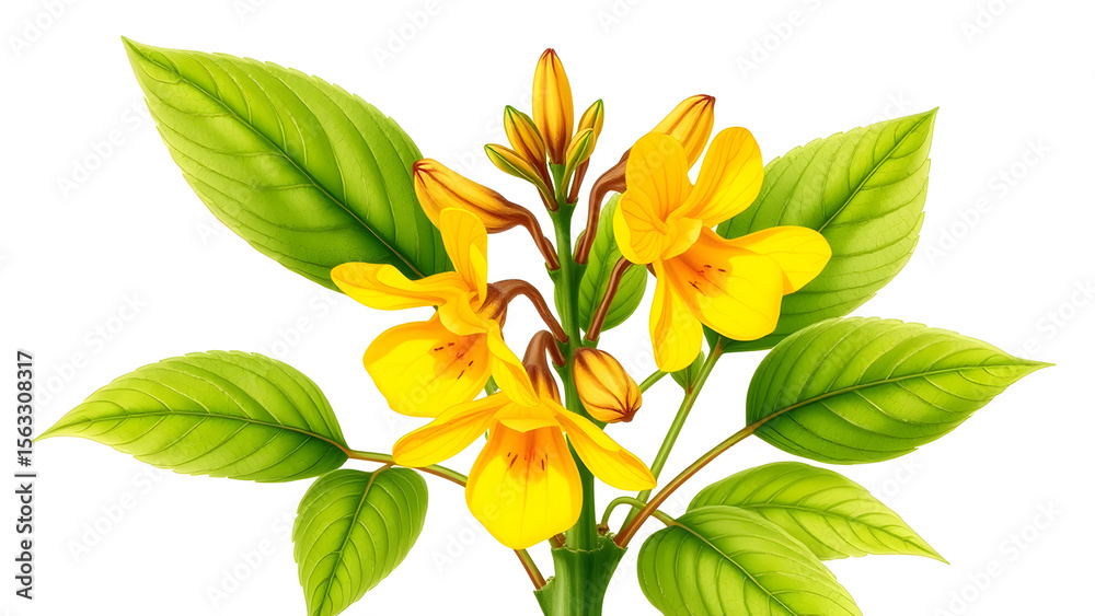 Obraz premium Cowslip creeper plant featuring bright yellow flowers and vibrant green leaves, detailed botanical illustration style. Isolated on transparent background